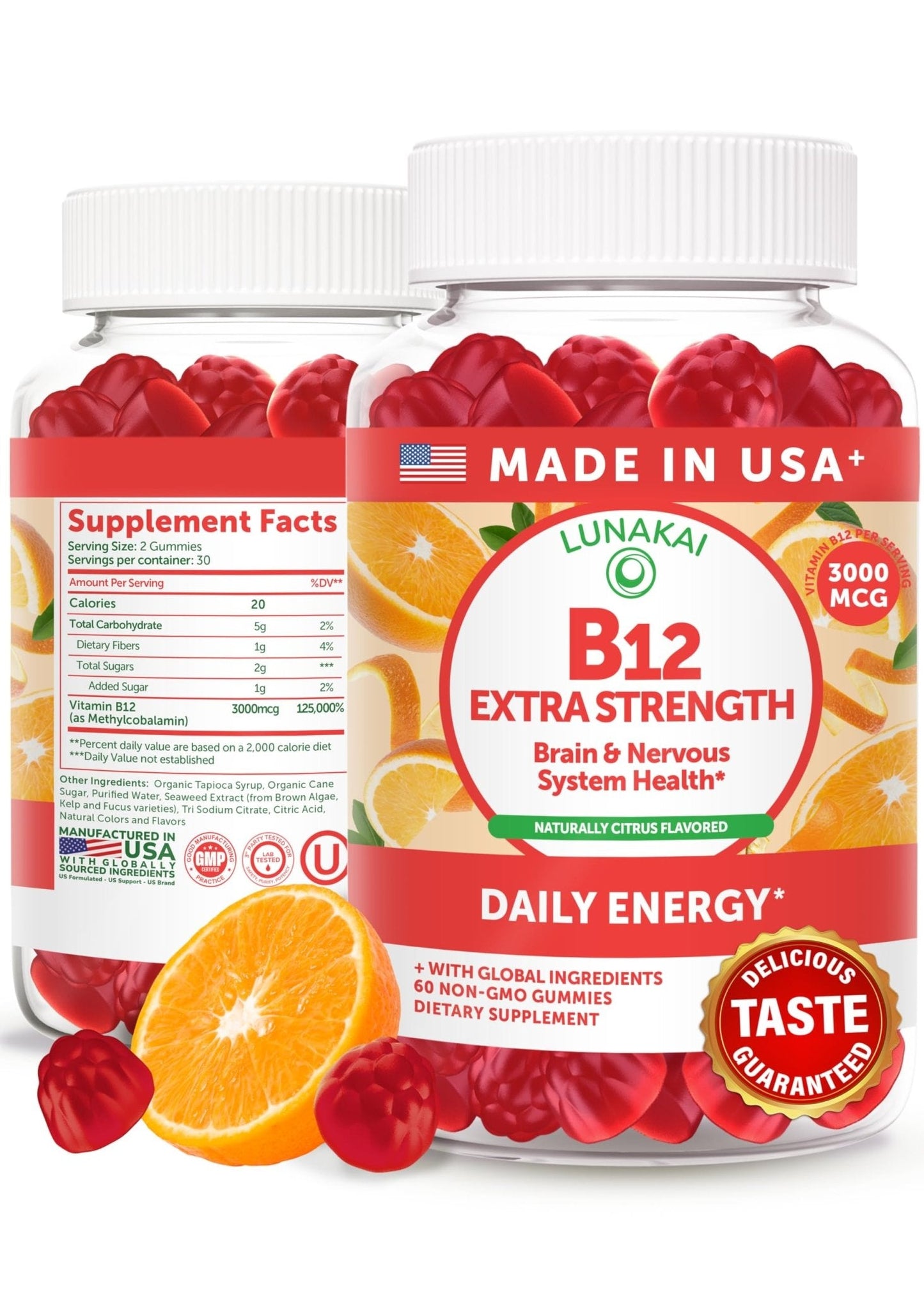 Lunakai USA Made Vitamin B12 Gummies 3000mcg, B12 Vitamins for Energy, Brain & Metabolism Support, Methylcobalamin for Adults, Women & Men, - Maple Wellness Supplements