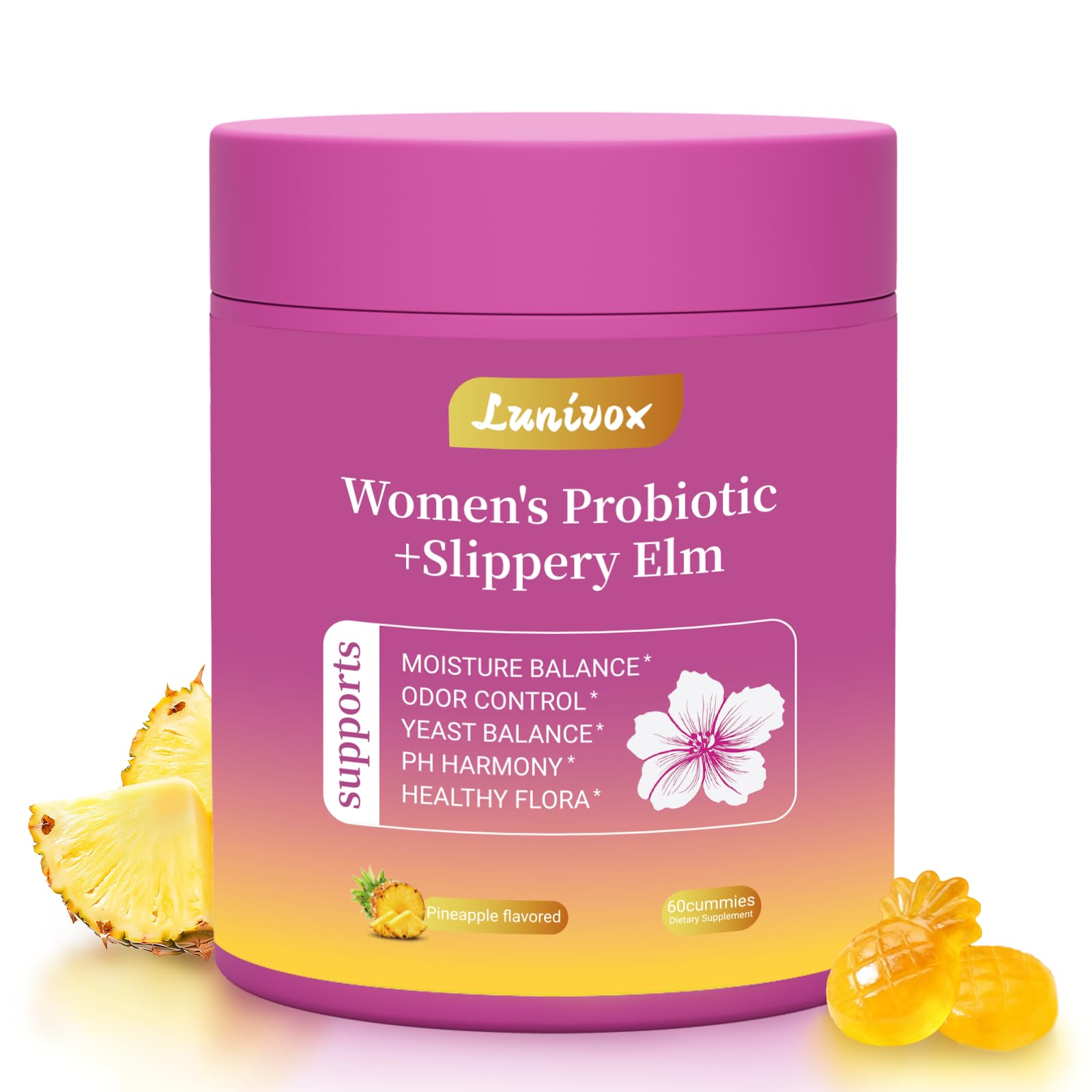 Lunivox Her Juicy Feminine Probiotics Gummies for Women, with Prebiotics & Slippery Elm - Promotes pH Balance, Gut Health & Immune Support - Pineapple Flavor, 60 Count - Maple Wellness Supplements