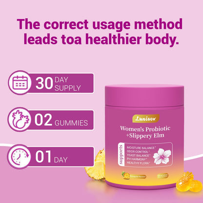 Lunivox Her Juicy Feminine Probiotics Gummies for Women, with Prebiotics & Slippery Elm - Promotes pH Balance, Gut Health & Immune Support - Pineapple Flavor, 60 Count - Maple Wellness Supplements