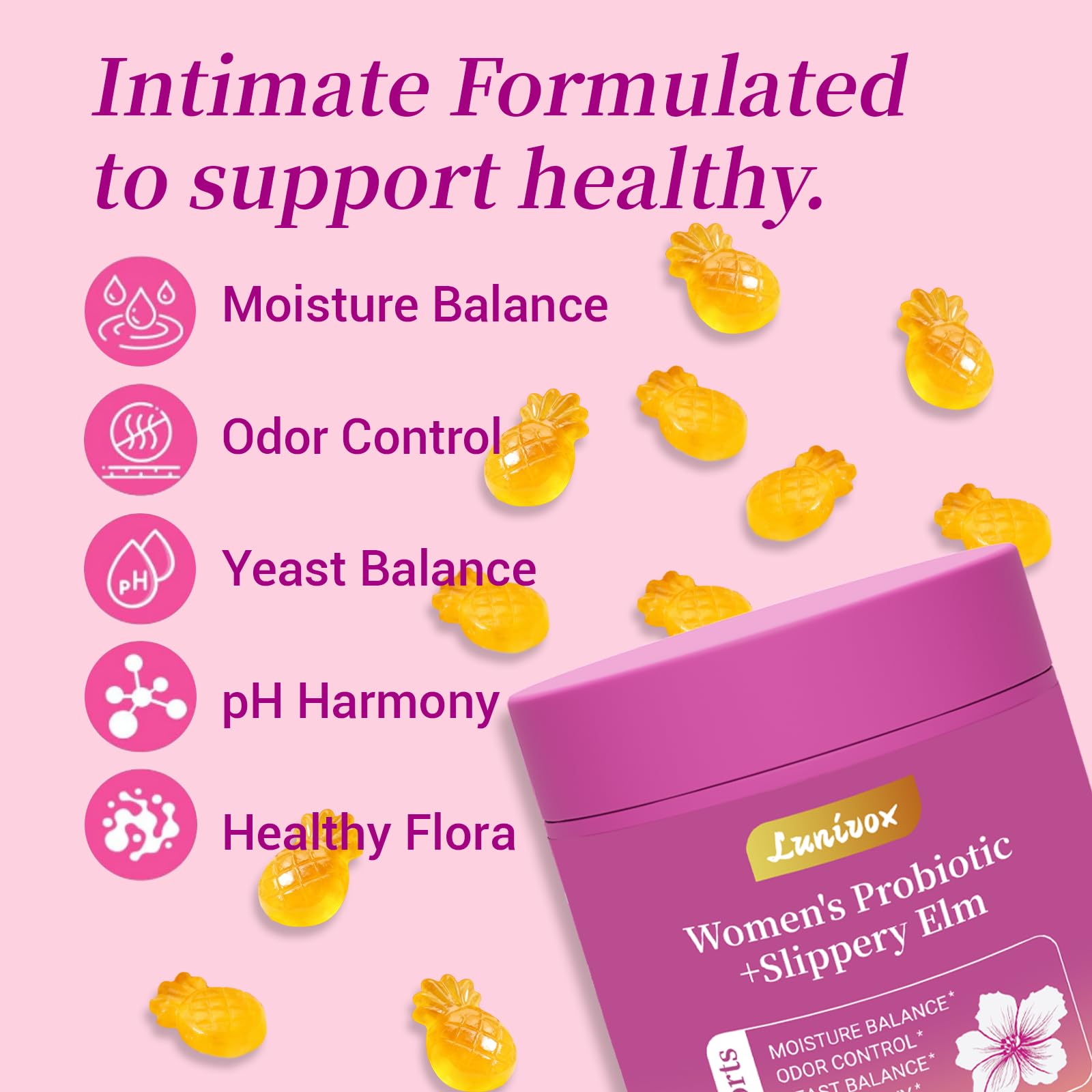 Lunivox Her Juicy Feminine Probiotics Gummies for Women, with Prebiotics & Slippery Elm - Promotes pH Balance, Gut Health & Immune Support - Pineapple Flavor, 60 Count - Maple Wellness Supplements