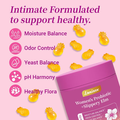 Lunivox Her Juicy Feminine Probiotics Gummies for Women, with Prebiotics & Slippery Elm - Promotes pH Balance, Gut Health & Immune Support - Pineapple Flavor, 60 Count - Maple Wellness Supplements