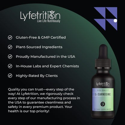 Lyfetrition L-Carnosine Liquid Supplement 118 ml, 4 FL Oz Liquid, 220 Servings, Made in USA, Quick Absorption, Potent Ingredients, Non-GMO - Maple Wellness Supplements