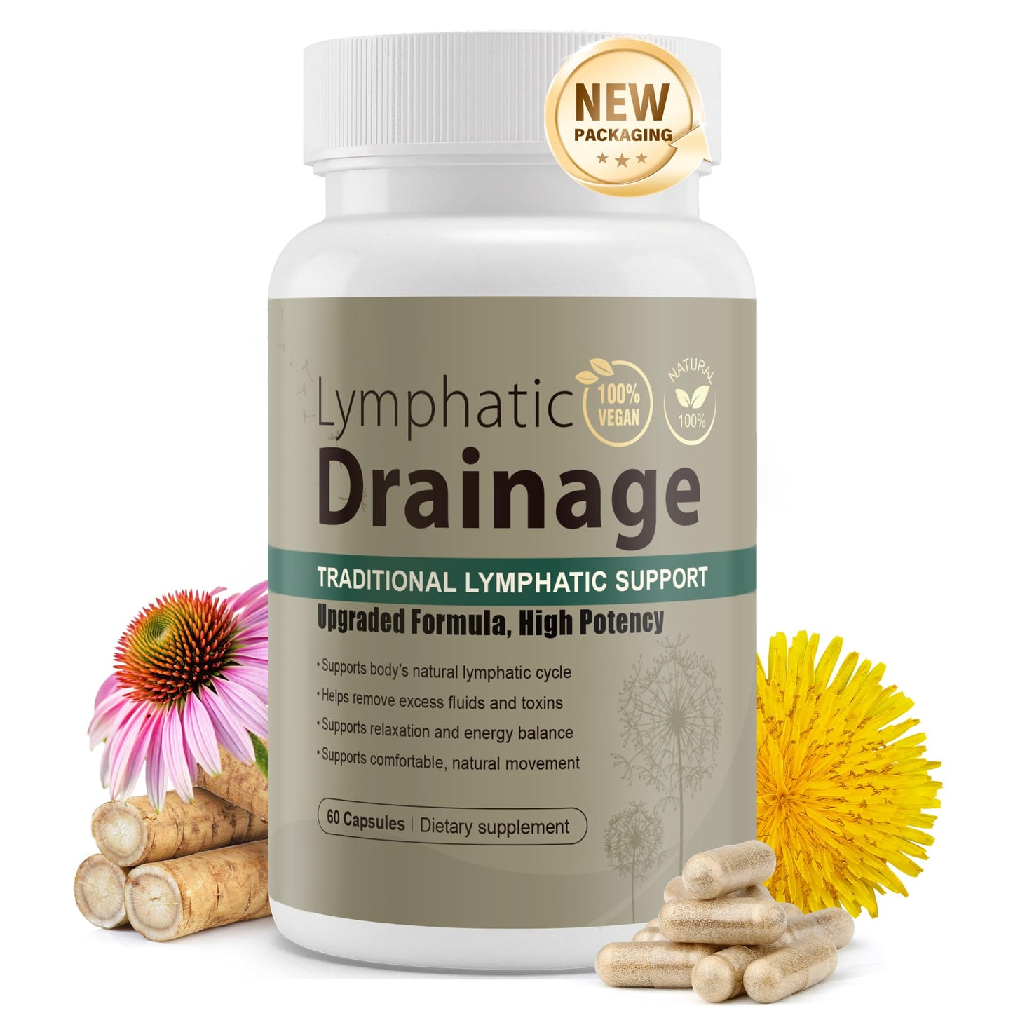 Lymphatic Drainage Capsules Natural Herbal Supplement for Immune Health & Fluid Balance, with Echinacea, Dandelion, and Burdock 60 Capsules - Maple Wellness Supplements