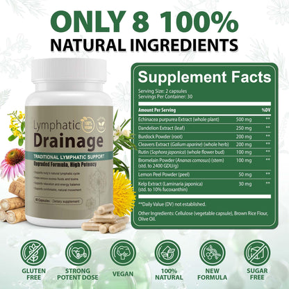 Lymphatic Drainage Capsules Natural Herbal Supplement for Immune Health & Fluid Balance, with Echinacea, Dandelion, and Burdock 60 Capsules - Maple Wellness Supplements