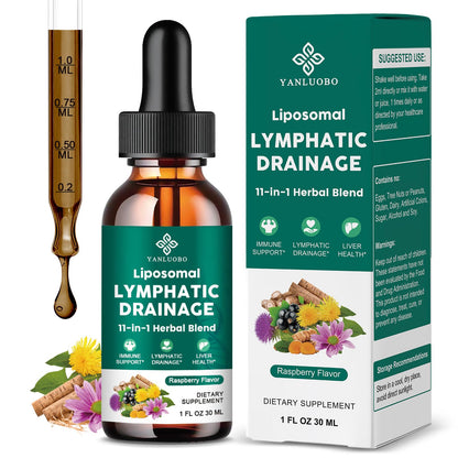 Lymphatic Drainage Drops - 11 in 1 Lymphatic Supplement for Immune, Lymph System & Liver Detox - with Echinacea, Horse Chestnut, Dandelion, Elderberry & Burdock - Raspberry Flavor, Vegan, 2 Fl Oz - Maple Wellness Supplements