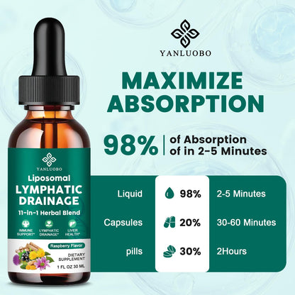 Lymphatic Drainage Drops - 11 in 1 Lymphatic Supplement for Immune, Lymph System & Liver Detox - with Echinacea, Horse Chestnut, Dandelion, Elderberry & Burdock - Raspberry Flavor, Vegan, 2 Fl Oz - Maple Wellness Supplements