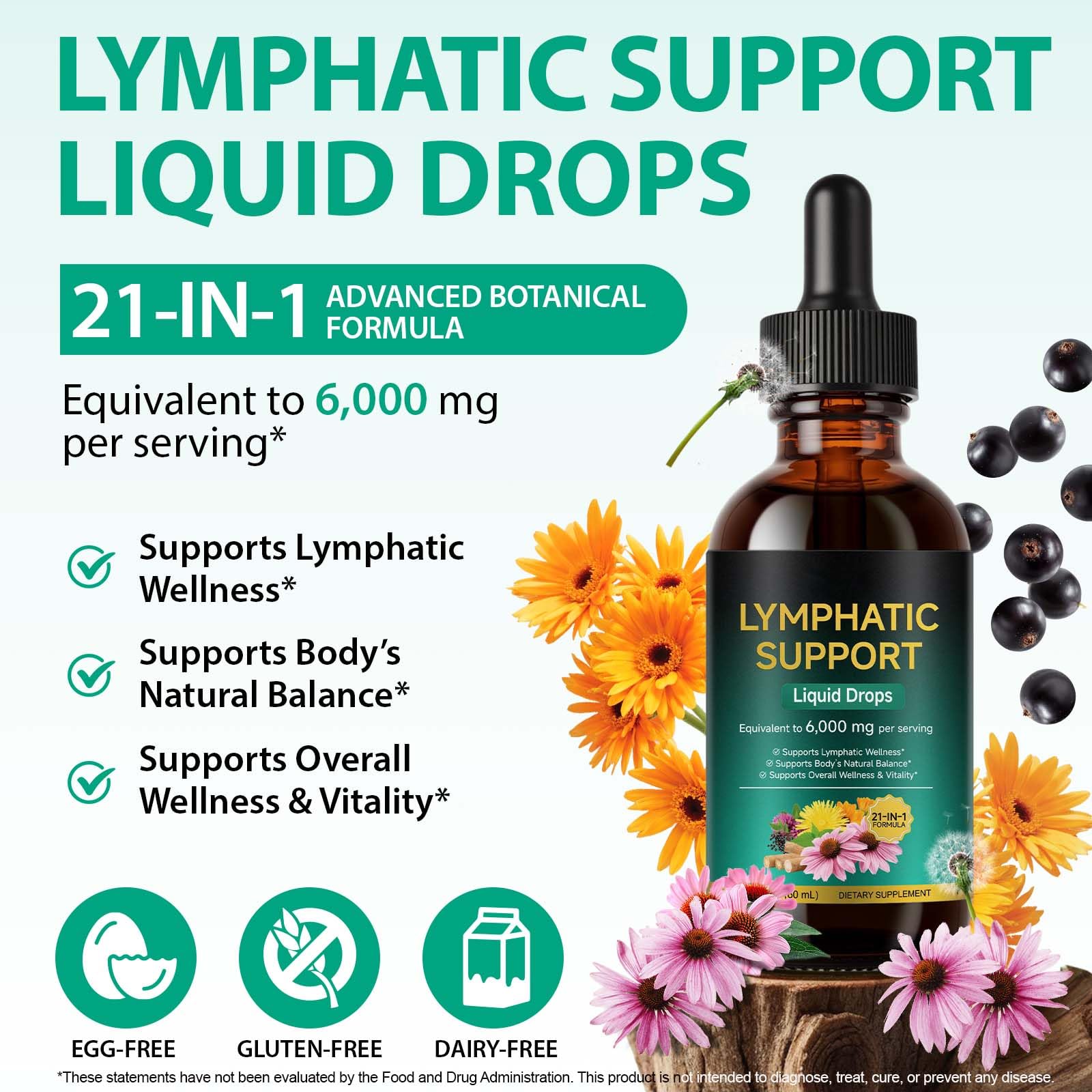 Lymphatic Drainage Drops 21-in-1 | 6000mg Herbal Blend | Lymph System Support Supplement | with Echinacea, Dandelion, Burdock, Calendula, Turmeric & More | for Women & Men | 60ml - Maple Wellness Supplements