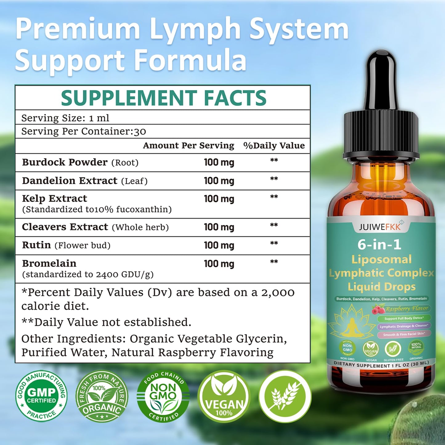 Lymphatic Drainage Drops, 6-IN-1 Lymphatic Complex w. Burdock Dandelion Kelp Cleavers, New Maximum Potency Lymph System Support for Bloat Balance Cortisol Immune Full Body Detox & Skin Vitality - Maple Wellness Supplements