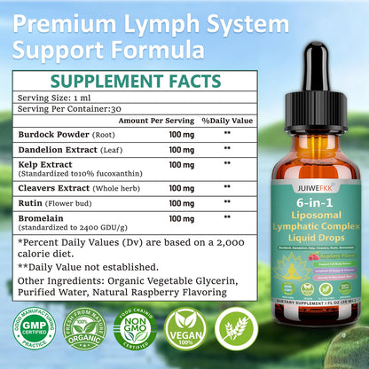 Lymphatic Drainage Drops, 6-IN-1 Lymphatic Complex w. Burdock Dandelion Kelp Cleavers, New Maximum Potency Lymph System Support for Bloat Balance Cortisol Immune Full Body Detox & Skin Vitality - Maple Wellness Supplements