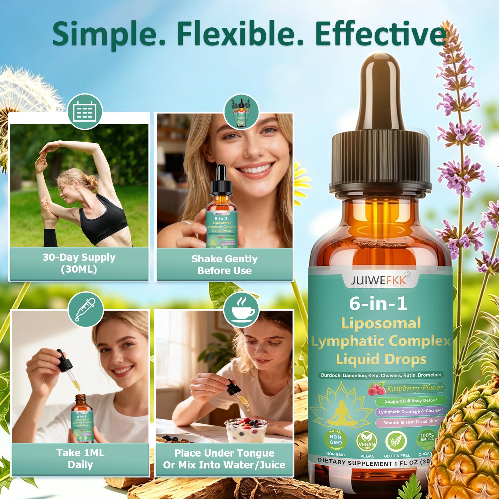 Lymphatic Drainage Drops, 6-IN-1 Lymphatic Complex w. Burdock Dandelion Kelp Cleavers, New Maximum Potency Lymph System Support for Bloat Balance Cortisol Immune Full Body Detox & Skin Vitality - Maple Wellness Supplements