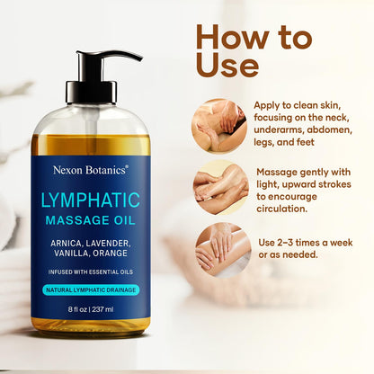 Lymphatic Drainage Massage Oil for Massage Therapy 8 fl oz - Refreshing and Relaxing - Natural Oils with Arnica, Vanilla and Lavender Oil - for Men and Women - Nexon Botanics - Maple Wellness Supplements