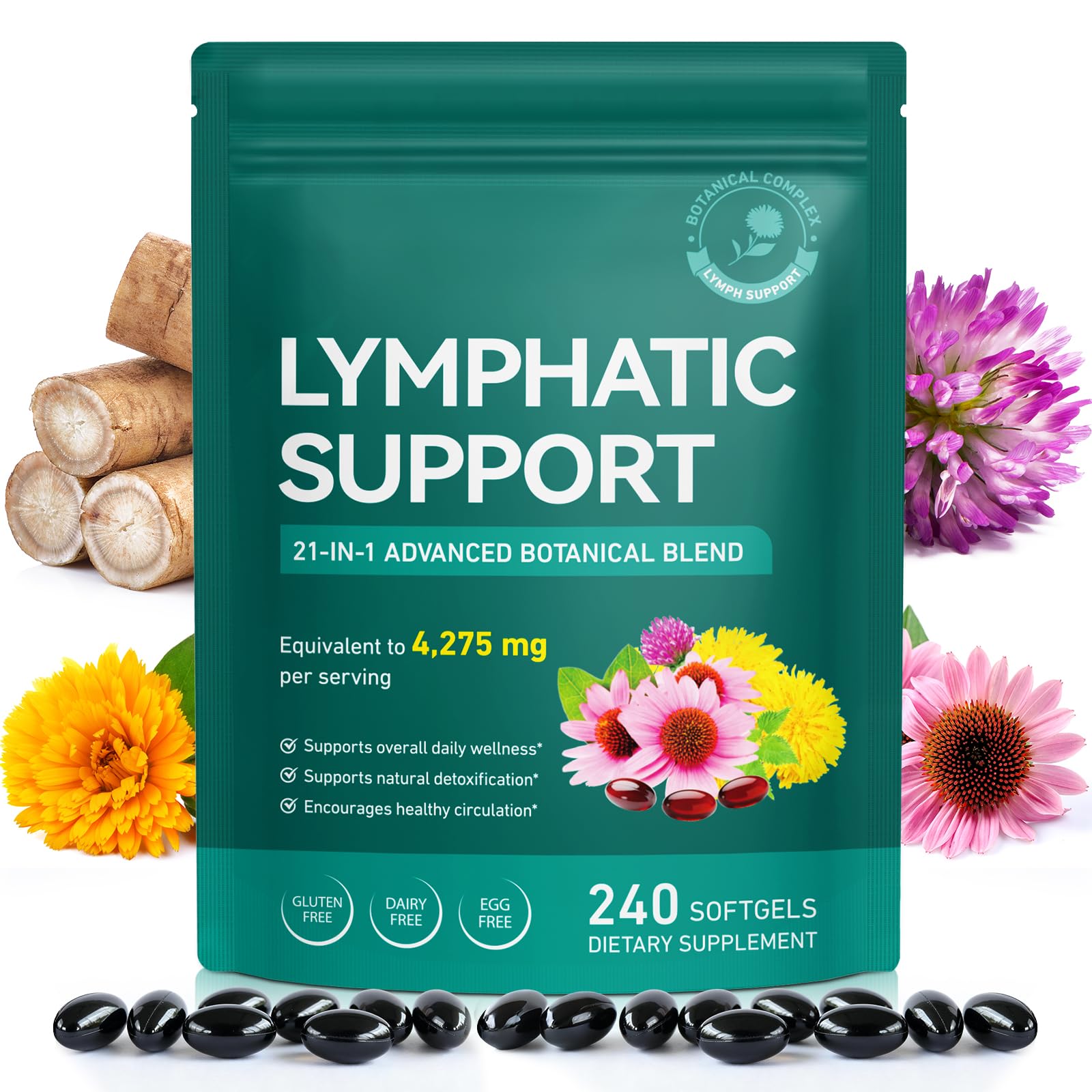 Lymphatic Drainage Supplement – 4,275 mg 21-in-1 Botanical Complex, Echinacea, Burdock Root, Red Clover, Elderberry & Dandelion, Supports Natural Detox & Healthy Circulation, 240 Softgels - Maple Wellness Supplements