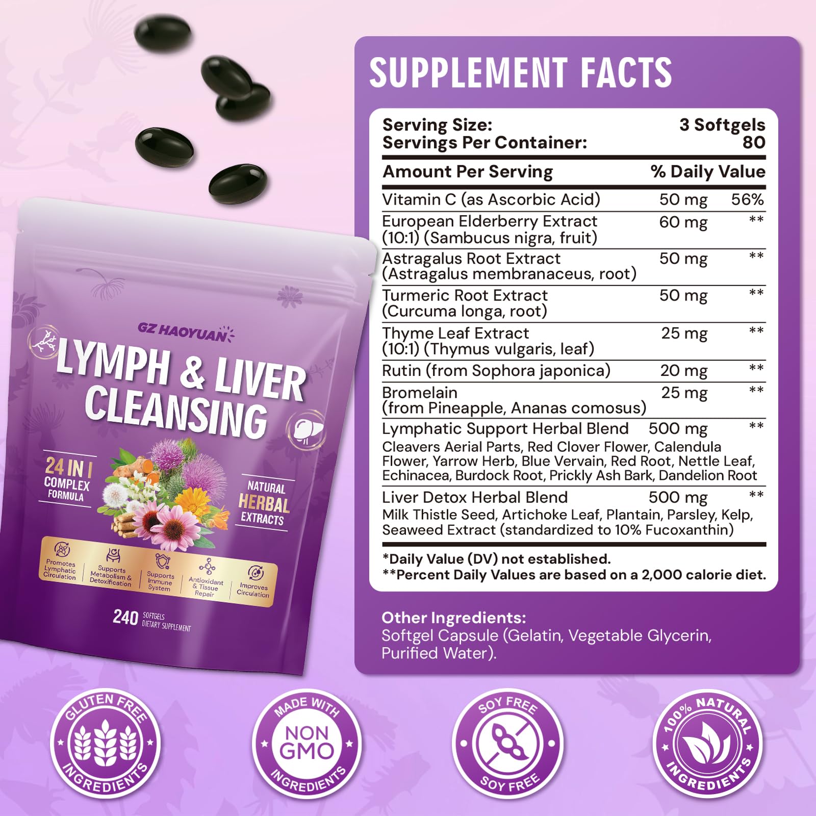 Lymphatic Drainage Supplement, Liver Cleanse Detox & Repair, 24-in-1 Herbal Blend with Echinacea, Dandelion, Burdock, Bromelain, Calendula, Turmeric - Lymph System Support, Less Bloating, 240 Softgels - Maple Wellness Supplements