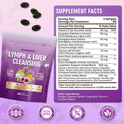 Lymphatic Drainage Supplement, Liver Cleanse Detox & Repair, 24-in-1 Herbal Blend with Echinacea, Dandelion, Burdock, Bromelain, Calendula, Turmeric - Lymph System Support, Less Bloating, 240 Softgels - Maple Wellness Supplements