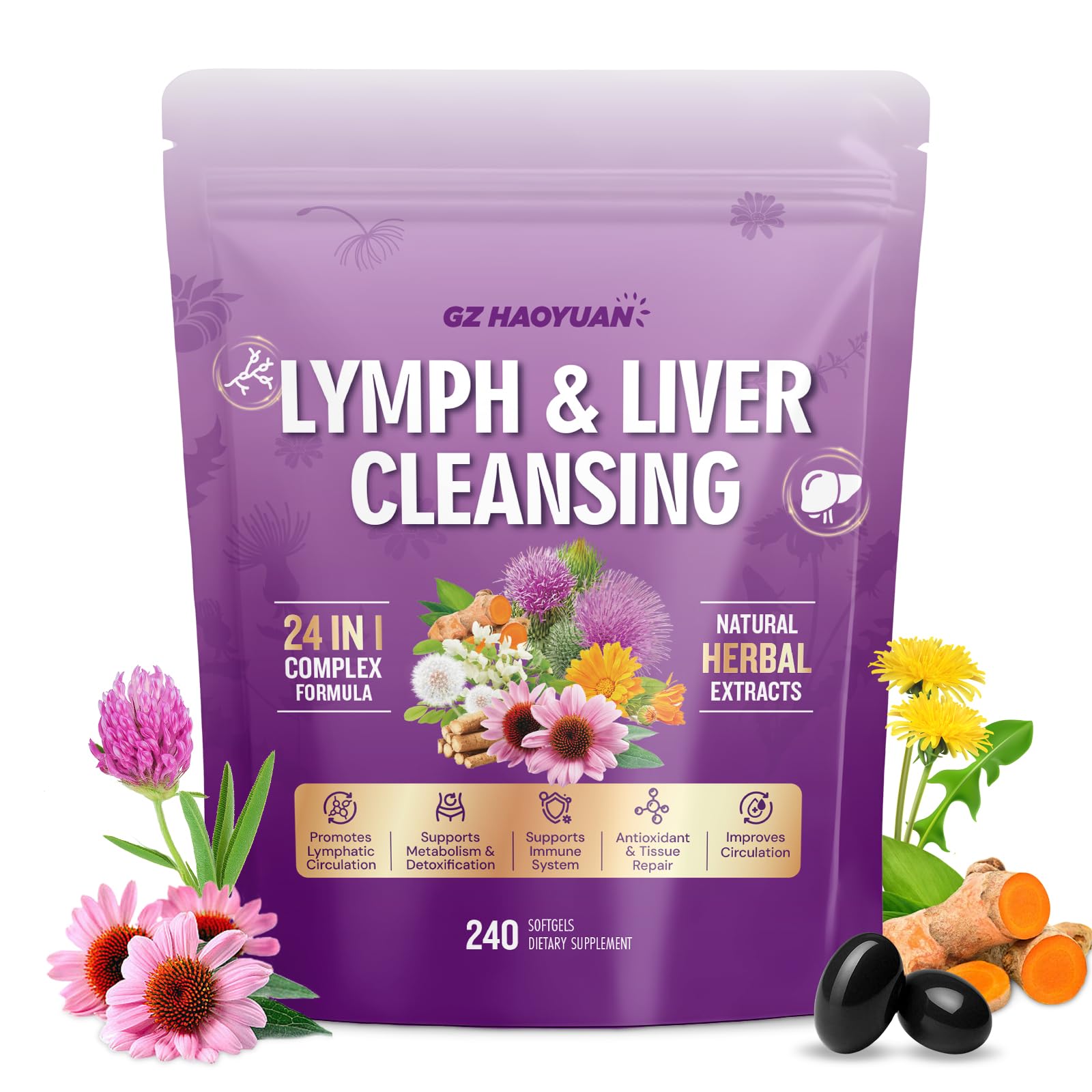 Lymphatic Drainage Supplement, Liver Cleanse Detox & Repair, 24-in-1 Herbal Blend with Echinacea, Dandelion, Burdock, Bromelain, Calendula, Turmeric - Lymph System Support, Less Bloating, 240 Softgels - Maple Wellness Supplements