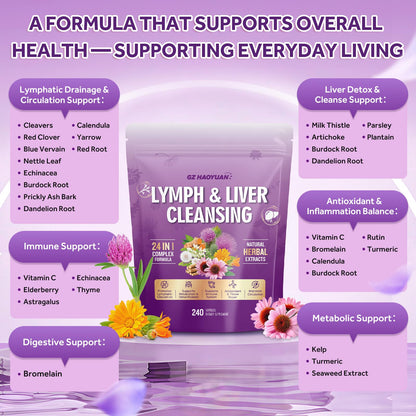 Lymphatic Drainage Supplement, Liver Cleanse Detox & Repair, 24-in-1 Herbal Blend with Echinacea, Dandelion, Burdock, Bromelain, Calendula, Turmeric - Lymph System Support, Less Bloating, 240 Softgels - Maple Wellness Supplements
