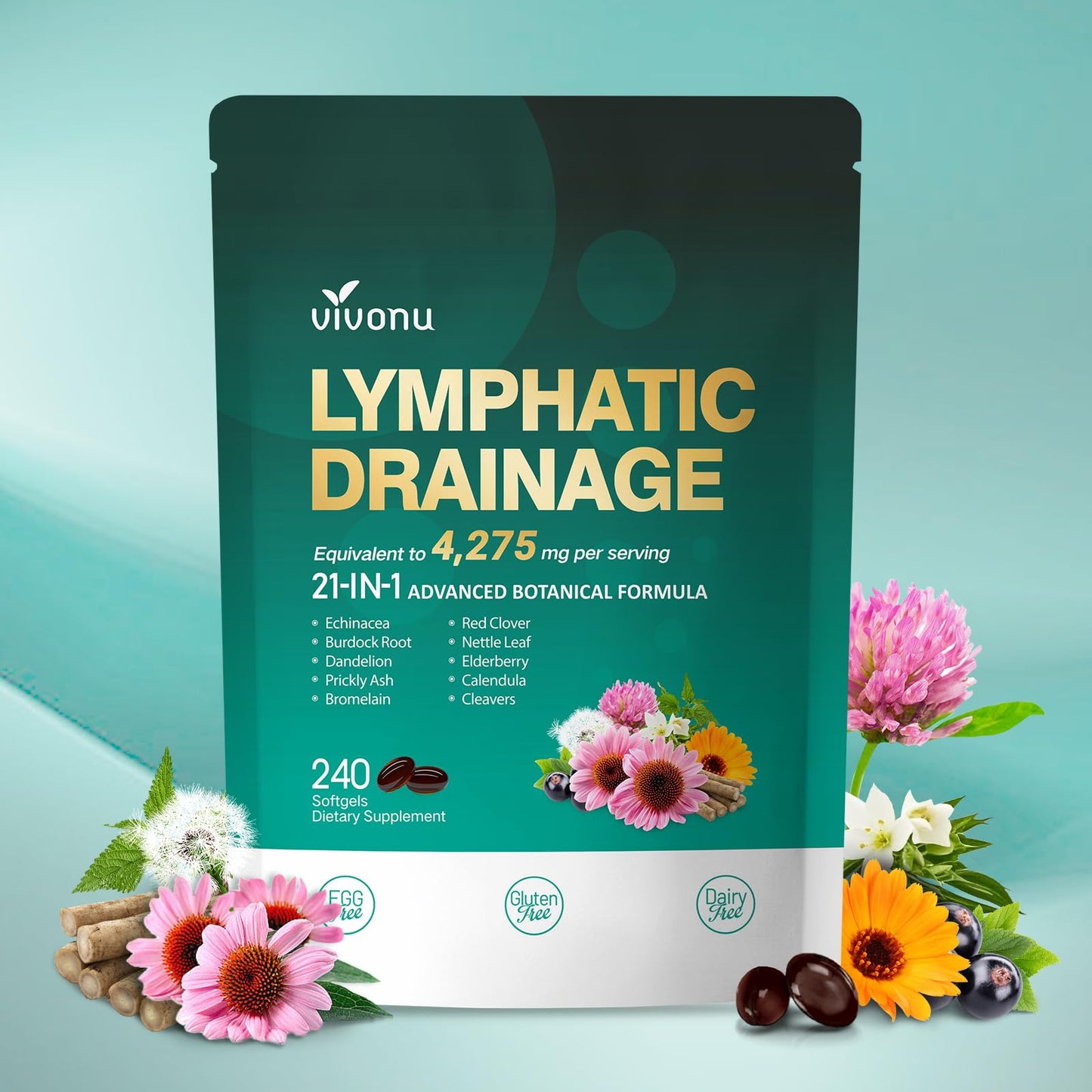 Lymphatic Drainage Supplements, 240 Softgels, Lymph System Support Supplement for Women & Men, 21-in-1 Herbal Blend with Echinacea, Dandelion, Burdock - Maple Wellness Supplements