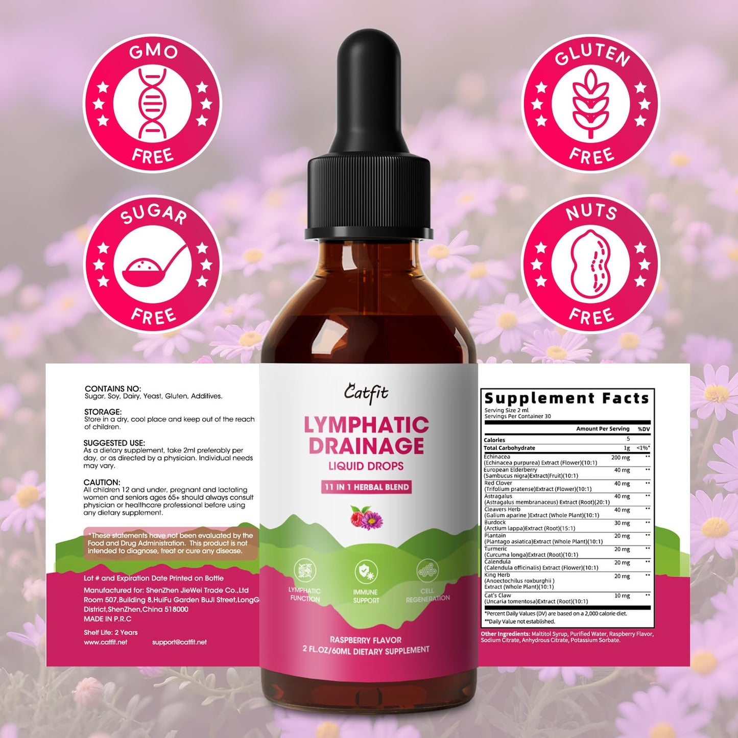 Lymphatic Drainage Supplements Drops for Immune, Lymph System Support, Cleanse & Detox, Liver Health with Echinacea,Elderberry,Cleavers Herb,Burdock, Calendula, Non-GMO, Raspberry Flavor, 2 Fl Oz - Maple Wellness Supplements