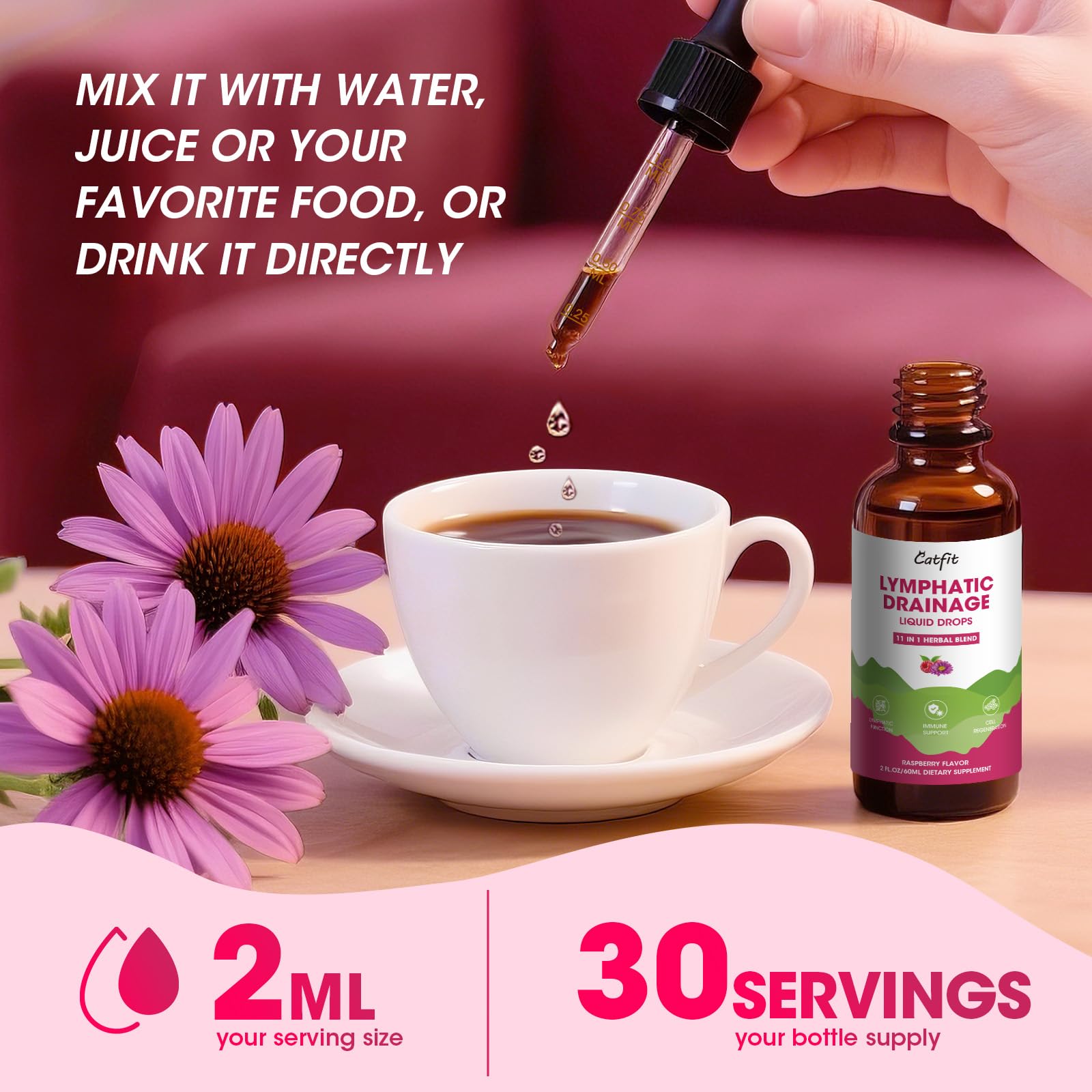 Lymphatic Drainage Supplements Drops for Immune, Lymph System Support, Cleanse & Detox, Liver Health with Echinacea,Elderberry,Cleavers Herb,Burdock, Calendula, Non-GMO, Raspberry Flavor, 2 Fl Oz - Maple Wellness Supplements
