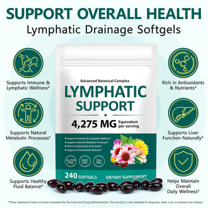 Lymphatic Drainage Supplements, Herbal Blend for Immune and Fluid Health for Men Women,with Dandelion, Burdock Root, Echinacea, Turmeric,240 Softgels for Lymph System Balance (Pack of 1) - Maple Wellness Supplements
