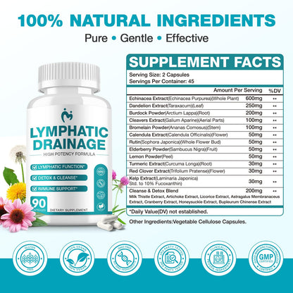 Lymphatic Drainage Supplements - Lymphatic Drainage Capsule for Detox & Cleanse, Immune Support - Natural Herbal Blends with Dandelion, Burdock, Cleavers & Echinacea, 90 Capsules - Maple Wellness Supplements
