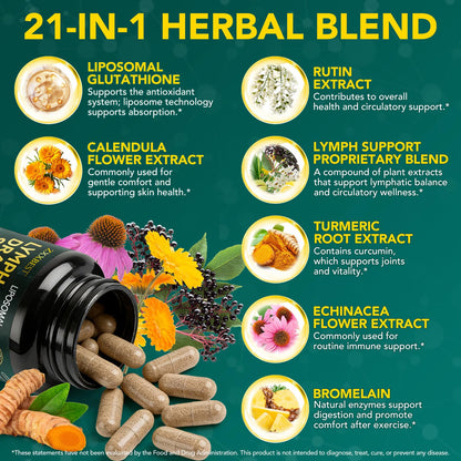 Lymphatic Drainage Supplements, Lymphatic Drainage Capsules Supplement - Wellness Complex Formula 21 in 1 - Aescia, Turmeric, Bromelain, Echinacea & More - Lymph System Support Capsule Easy Store - Maple Wellness Supplements