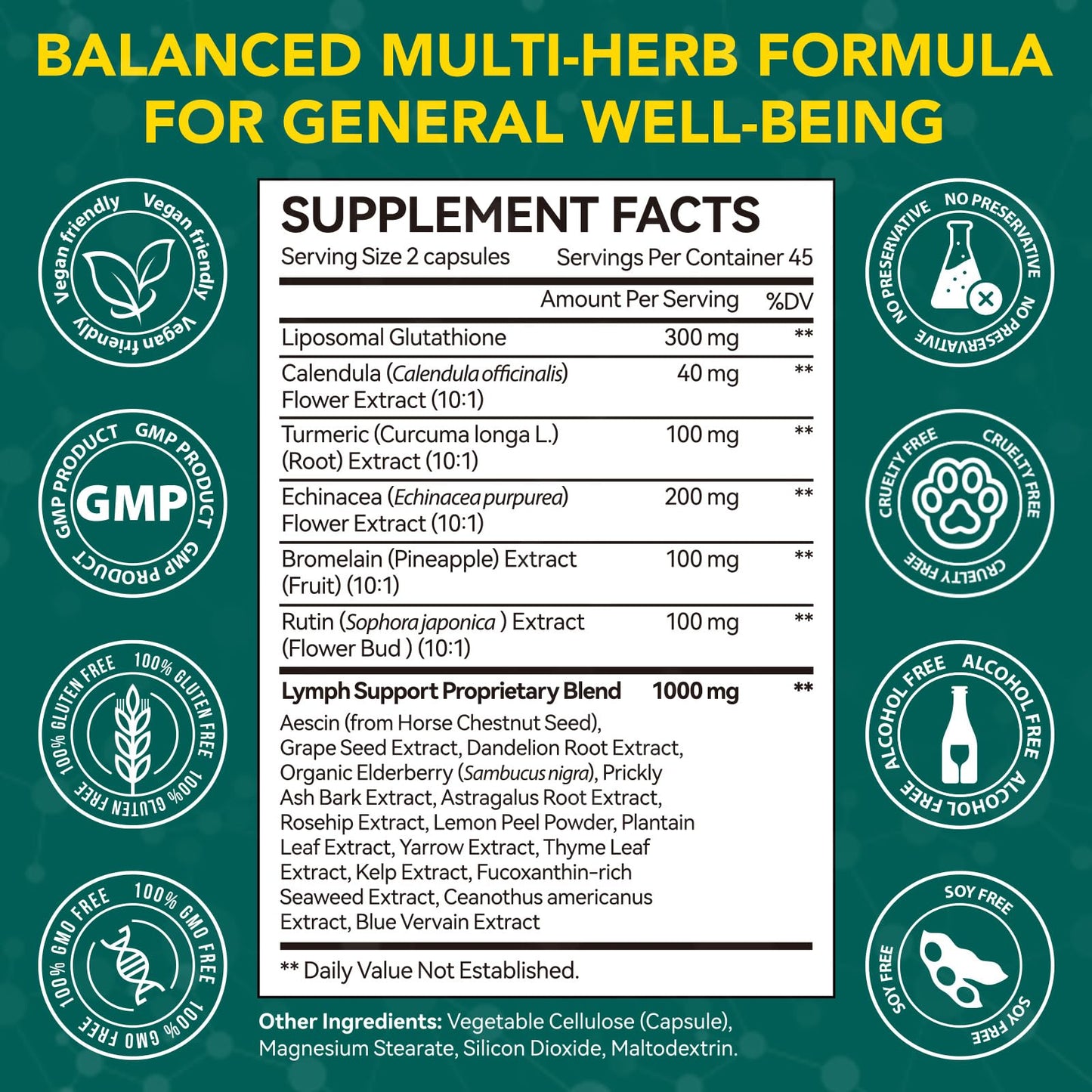 Lymphatic Drainage Supplements, Lymphatic Drainage Capsules - Wellness Complex 21 in 1 Aescia, Turmeric, Bromelain, Echinacea & More - Lymph System Support Capsules - Maple Wellness Supplements