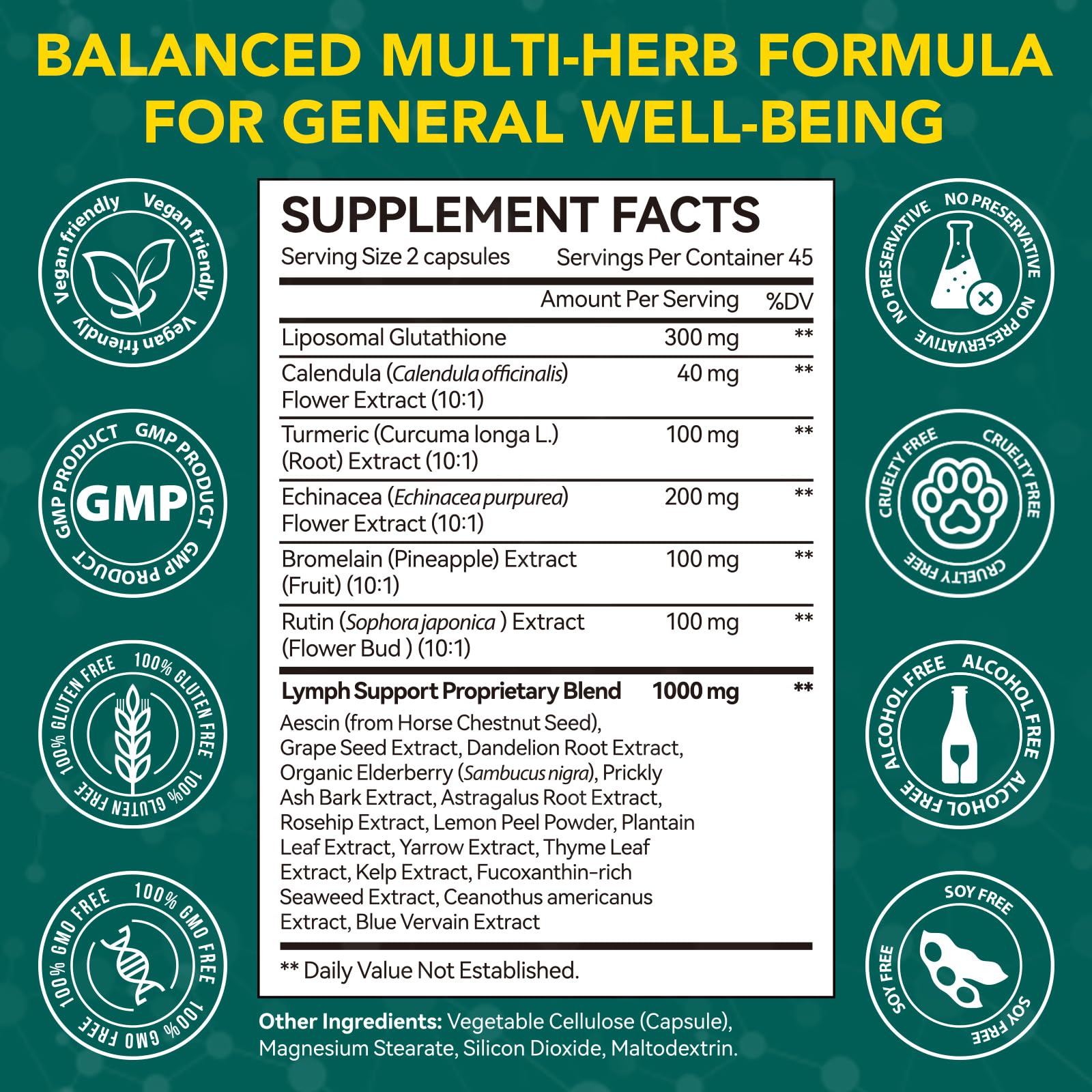 Lymphatic Drainage Supplements, Lymphatic Drainage Capsules - Wellness Complex 21 in 1 Aescia, Turmeric, Bromelain, Echinacea & More - Lymph System Support Capsules - Maple Wellness Supplements