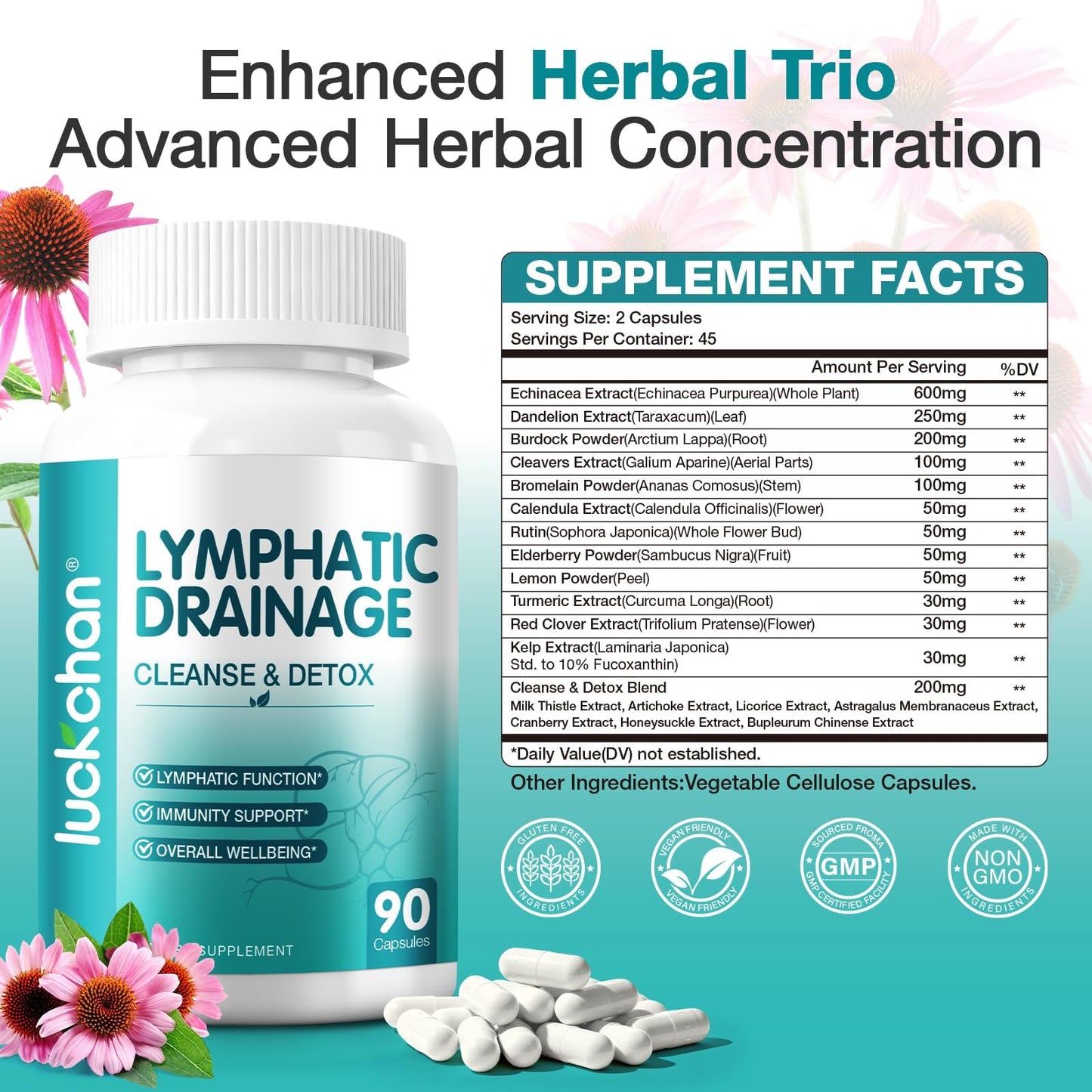 Lymphatic Drainage Supplements - Lymphatic System Support, Fluid Balance, Immune Support - Natural Lymphatic Cleanse & Detox Capsules with Dandelion, Echinacea, Burdock & More, 90 Capsules - Maple Wellness Supplements