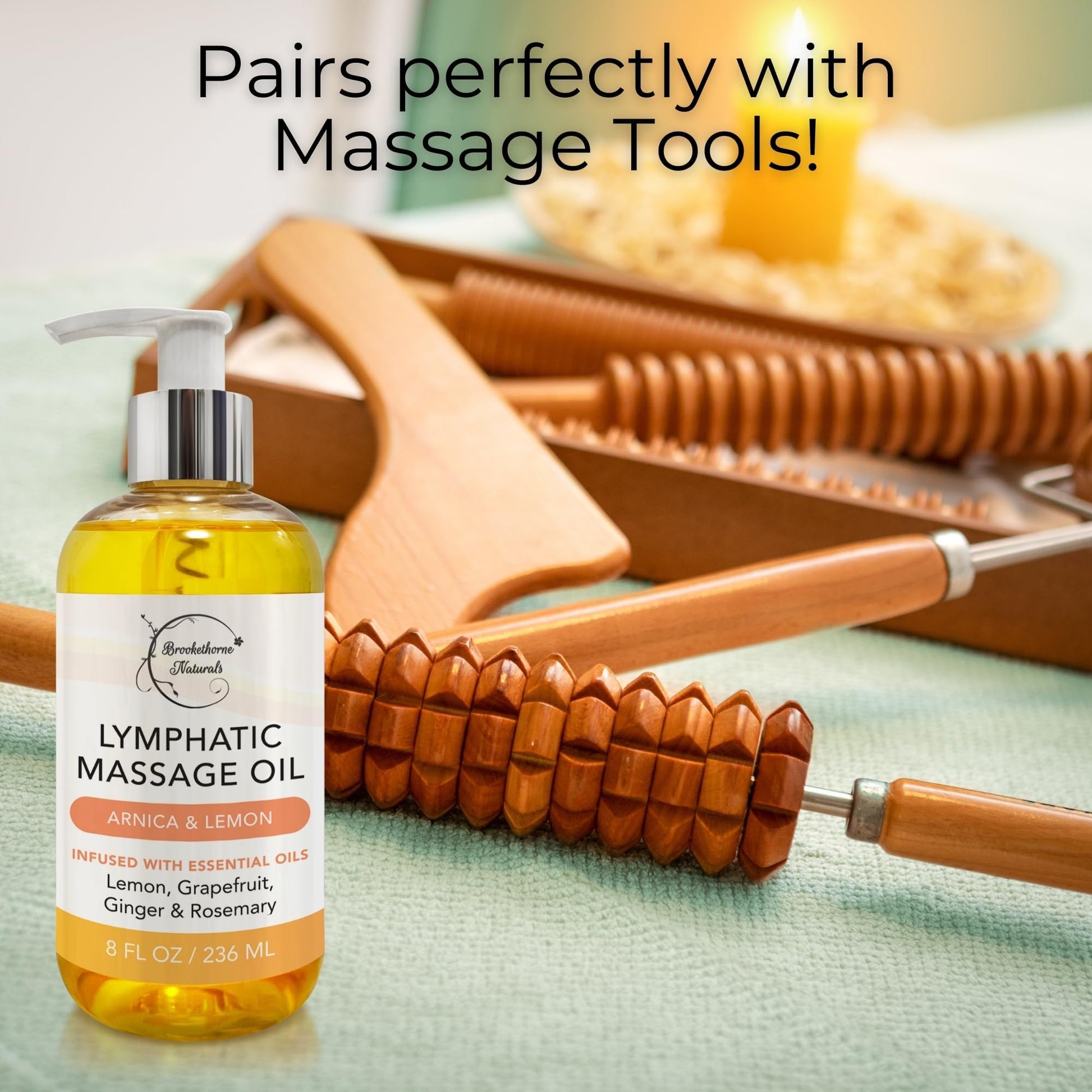 Lymphatic Massage Oil for Massage Therapy | 100% Natural Lymphatic Drainage Oil | Premium Quality with Arnica, Lemon & Ginger | for Post Surgery Recovery & Detox | 8oz by Brookethorne Naturals - Maple Wellness Supplements