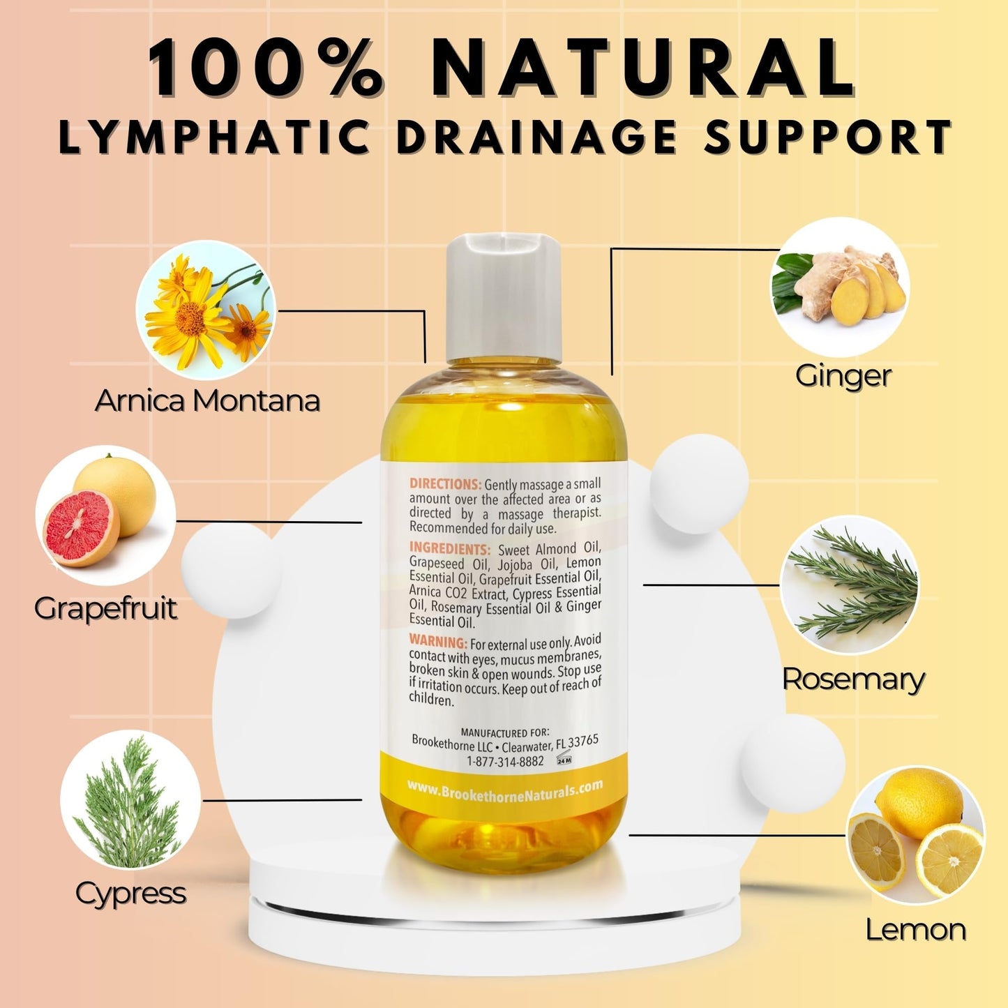 Lymphatic Massage Oil for Massage Therapy | 100% Natural Lymphatic Drainage Oil | Premium Quality with Arnica, Lemon & Ginger | for Post Surgery Recovery & Detox | 8oz by Brookethorne Naturals - Maple Wellness Supplements