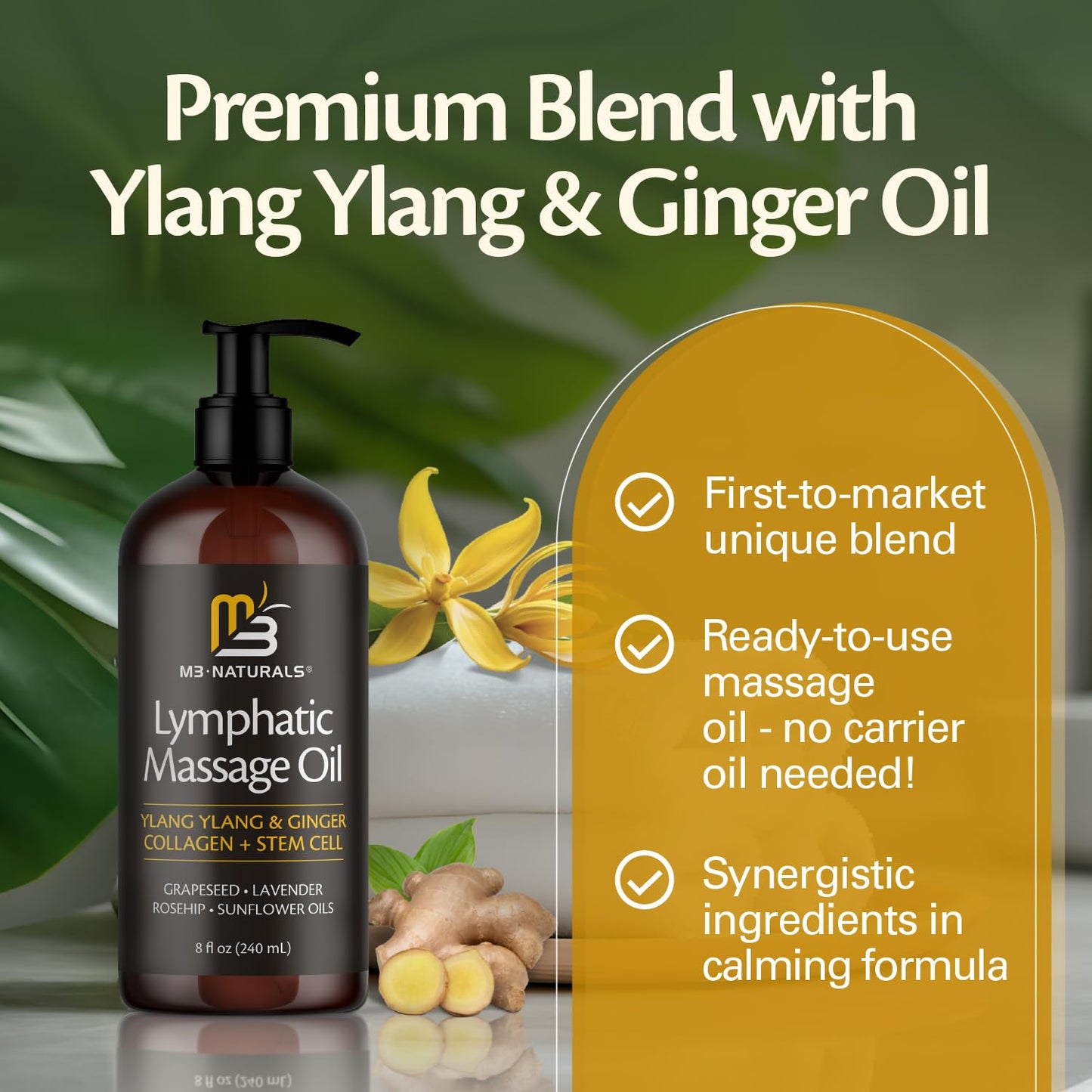 Lymphatic Massage Oil for Massage Therapy - Lymphatic Drainage Oil for Body Care Circulation & Detox Support with Ylang Ylang, Ginger, Lavender, Grapeseed, Vitamin E & Stem Cell (8 Fl Oz) by M3 - Maple Wellness Supplements