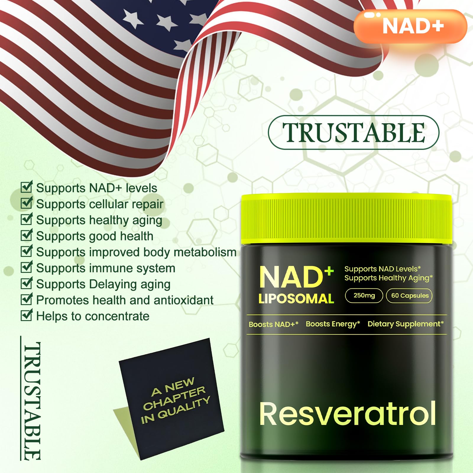 Lyndops NAD Supplement, Liposomal Nicotinamide Riboside Resveratrol 250mg, NMN Alternative, High Purity NAD Supplement for Women & Men, Anti-Aging, Cellular Energy, Mental Focus - 60 Capsules - Maple Wellness Supplements
