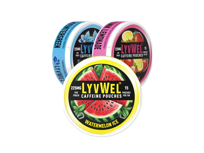 LyvWel 225mg Caffeine Energy Pouches | Nootropic Focus & Neuro Support | Tobacco-Free, Nicotine-Free, Quick Energy Solution | 3-Pack: 45 Pouches (3 Pack, Watermelon Ice, Pink Lemonade, Wintergreen) - Maple Wellness Supplements