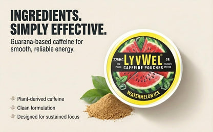 LyvWel 225mg Caffeine Energy Pouches | Nootropic Focus & Neuro Support | Tobacco-Free, Nicotine-Free, Quick Energy Solution | 3-Pack: 45 Pouches (3 Pack, Watermelon Ice, Pink Lemonade, Wintergreen) - Maple Wellness Supplements