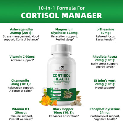 MABEFY Cortisol Supplements for Women/Men - 10 in 1 Cortisol Manager Reducer Lower Detox Balance with Magnesium, Ashwagandha, L-Theanine for Stress, Sleep, Calm, Mood Support - 60 Capsules for 30 Days - Maple Wellness Supplements