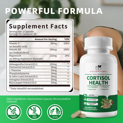 MABEFY Cortisol Supplements for Women/Men - 10 in 1 Cortisol Manager Reducer Lower Detox Balance with Magnesium, Ashwagandha, L-Theanine for Stress, Sleep, Calm, Mood Support - 60 Capsules for 30 Days - Maple Wellness Supplements