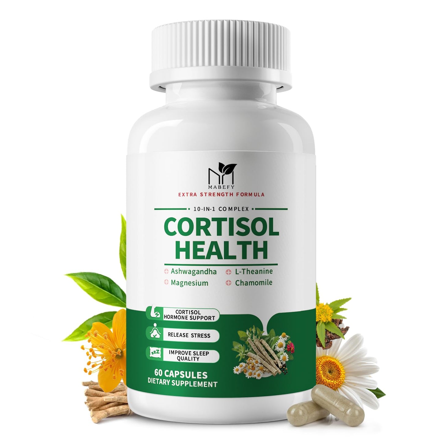 MABEFY Cortisol Supplements for Women/Men - 10 in 1 Cortisol Manager Reducer Lower Detox Balance with Magnesium, Ashwagandha, L-Theanine for Stress, Sleep, Calm, Mood Support - 60 Capsules for 30 Days - Maple Wellness Supplements