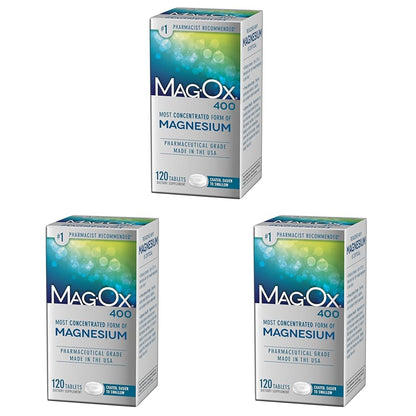 Mag-Ox Magnesium Supplement, Pharmaceutical Grade Magnesium Oxide 483mg, Most Concentrated Form of Magnesium, 120 Tablets (Pack of 3) - Maple Wellness Supplements