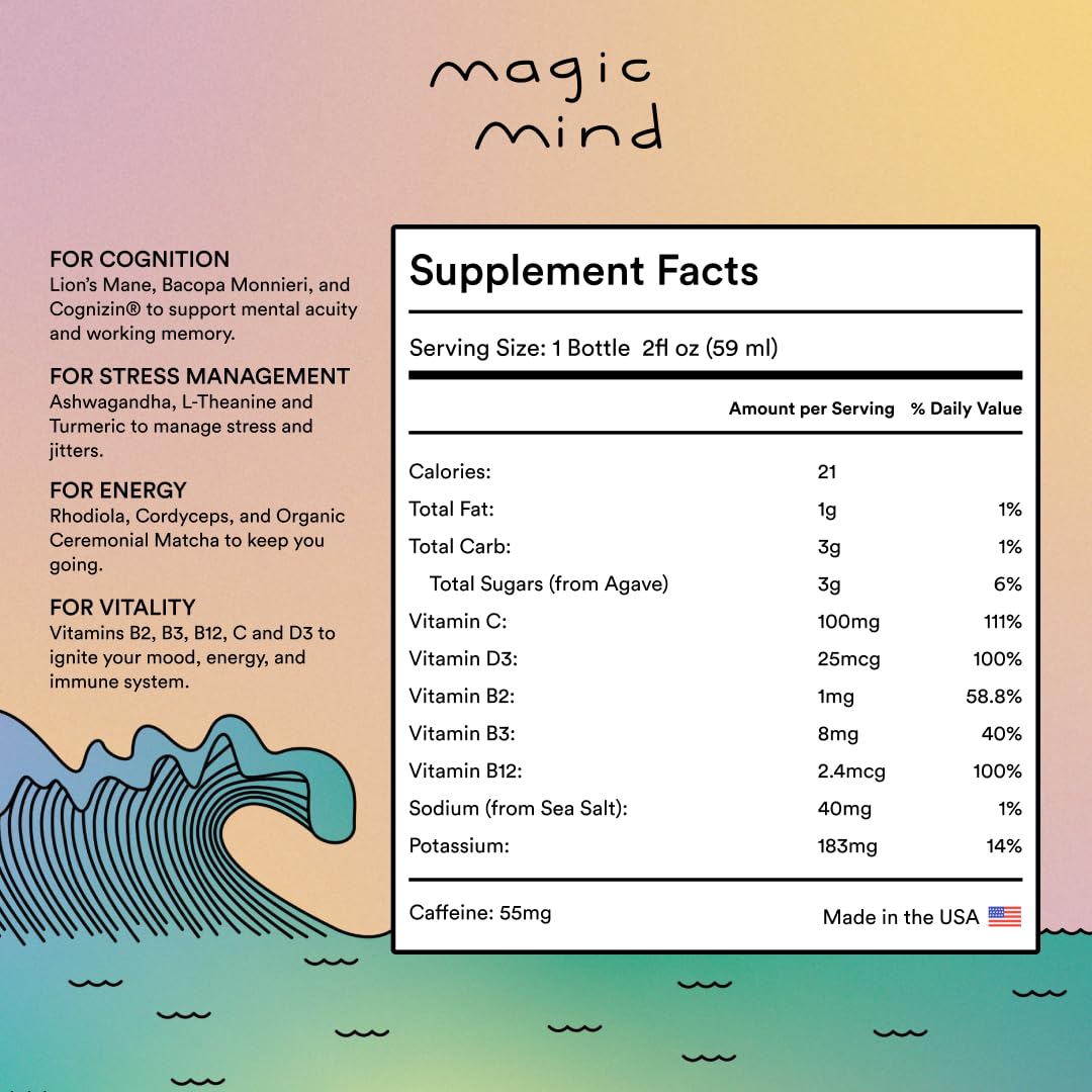 Magic Mind Energy And Focus Drink Shots - Stress Relieving, No Jitters, Ashwagandha, Vitamin B12, Vitamin C, Matcha Green Tea, Functional Mushrooms - 2 FL Oz (15 Pack) - Maple Wellness Supplements