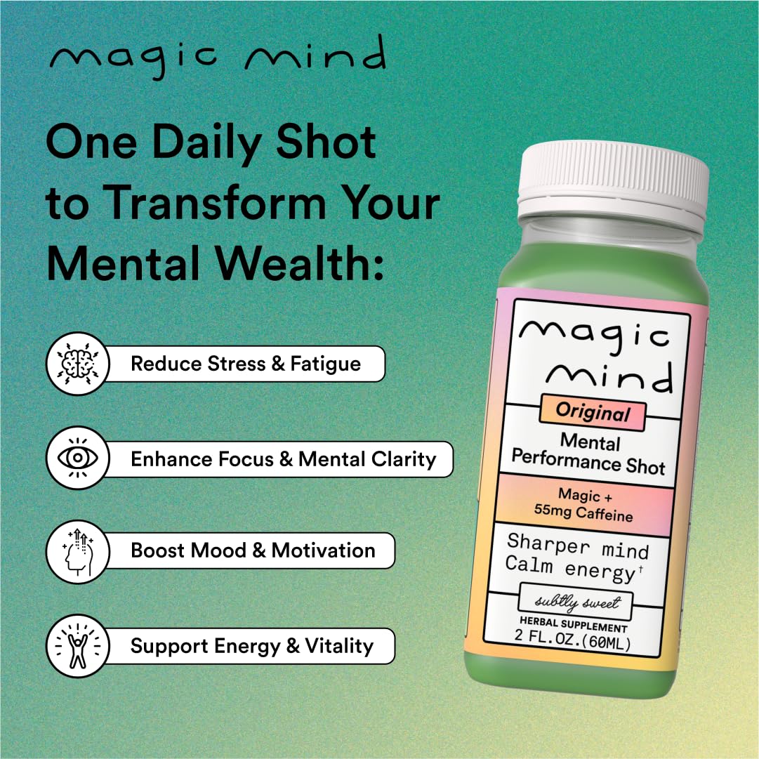 Magic Mind Energy And Focus Drink Shots - Stress Relieving, No Jitters, Ashwagandha, Vitamin B12, Vitamin C, Matcha Green Tea, Functional Mushrooms - 2 FL Oz (15 Pack) - Maple Wellness Supplements
