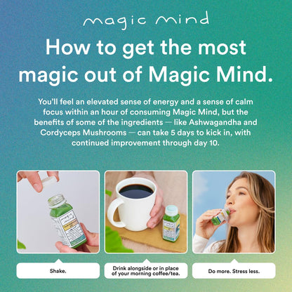 Magic Mind Energy And Focus Drink Shots - Stress Relieving, No Jitters, Ashwagandha, Vitamin B12, Vitamin C, Matcha Green Tea, Functional Mushrooms - 2 FL Oz (15 Pack) - Maple Wellness Supplements