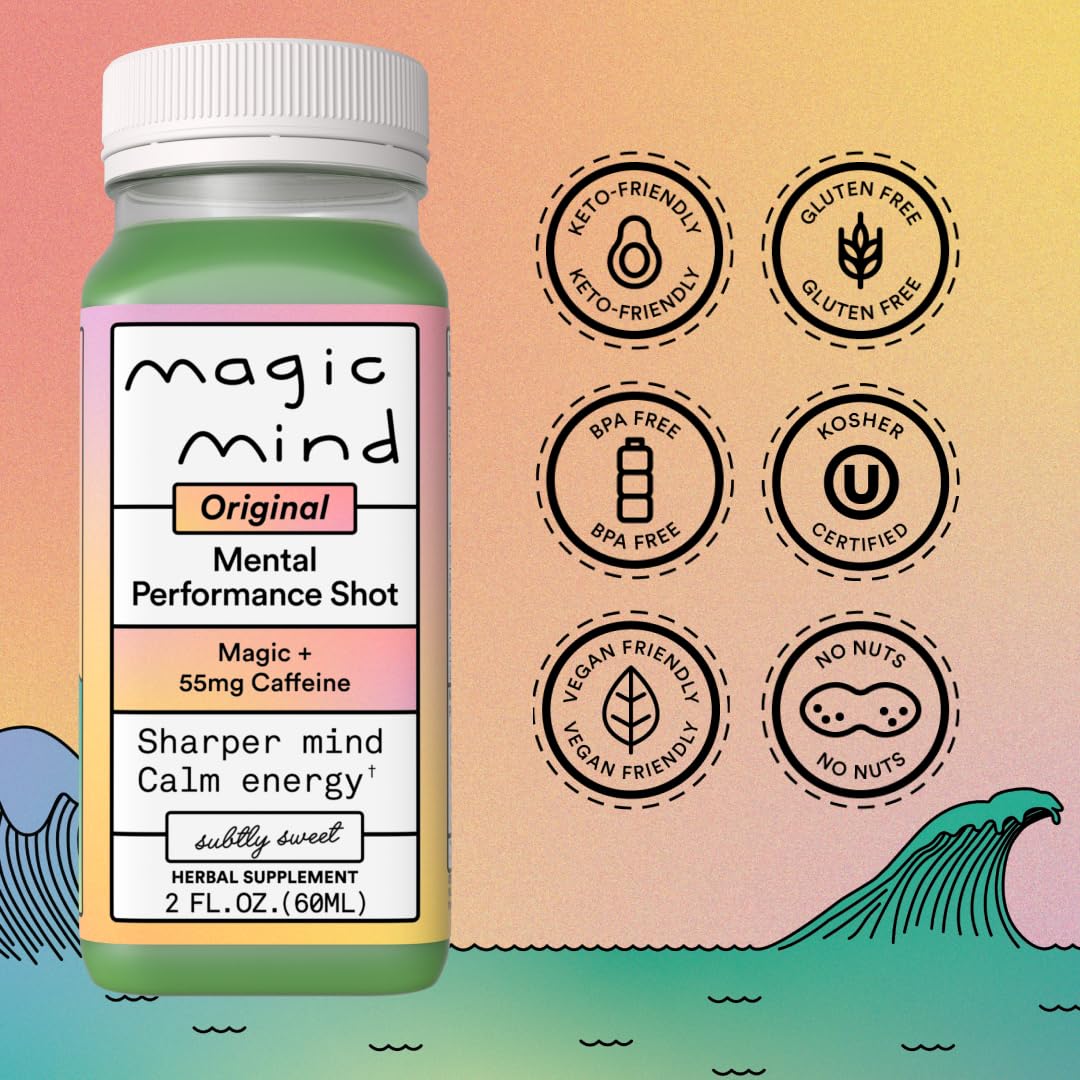 Magic Mind Energy And Focus Drink Shots - Stress Relieving, No Jitters, Ashwagandha, Vitamin B12, Vitamin C, Matcha Green Tea, Functional Mushrooms - 2 FL Oz (15 Pack) - Maple Wellness Supplements