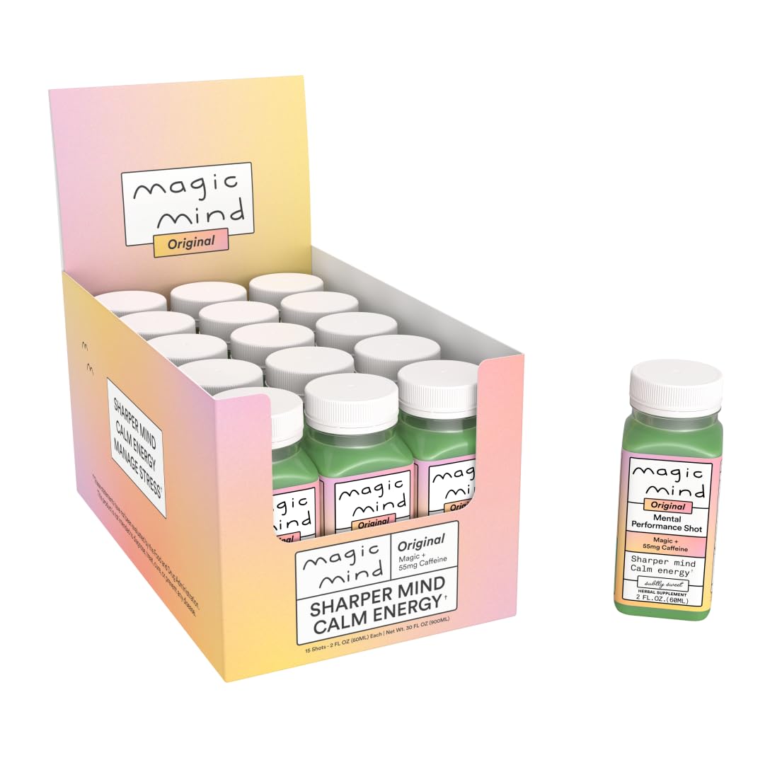 Magic Mind Energy And Focus Drink Shots - Stress Relieving, No Jitters, Ashwagandha, Vitamin B12, Vitamin C, Matcha Green Tea, Functional Mushrooms - 2 FL Oz (15 Pack) - Maple Wellness Supplements
