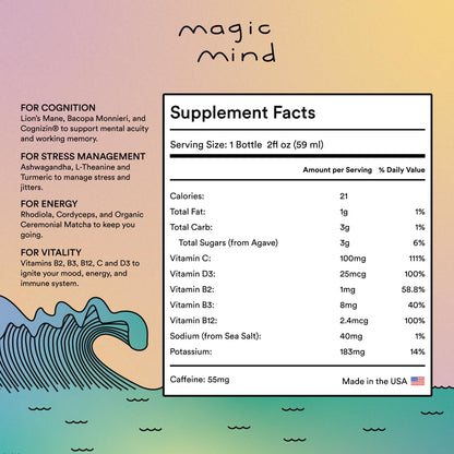 Magic Mind Focus Energy Drink Shots - No Jitters, Stress Relieving, Ashwagandha, Functional Mushrooms, Matcha Green Tea, Vitamin B12, Vitamin C - 2 FL Oz (5 Pack) - Maple Wellness Supplements