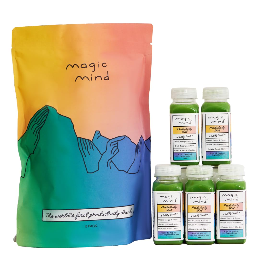 Magic Mind Focus Energy Drink Shots - No Jitters, Stress Relieving, Ashwagandha, Functional Mushrooms, Matcha Green Tea, Vitamin B12, Vitamin C - 2 FL Oz (5 Pack) - Maple Wellness Supplements