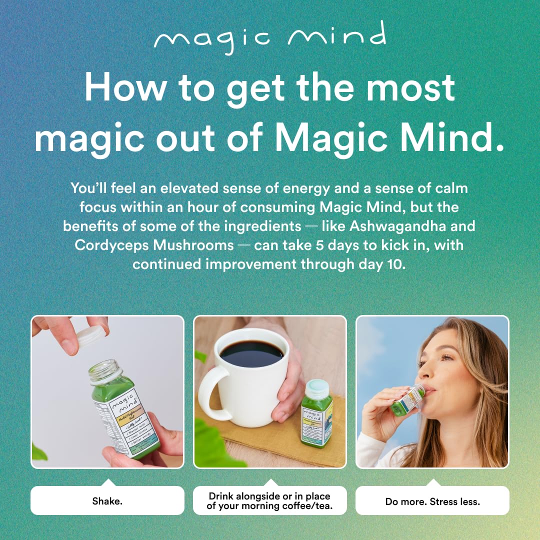 Magic Mind Focus Energy Drink Shots - No Jitters, Stress Relieving, Ashwagandha, Functional Mushrooms, Matcha Green Tea, Vitamin B12, Vitamin C - 2 FL Oz (5 Pack) - Maple Wellness Supplements