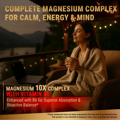 Magnesium 10X Complex – 900mg Elemental Magnesium | Glycinate, Gluconate, Malate, Orotate, Carbonate, Asparate, Taurate, Citrate, Bisglycinate, Ascorbate + Vitamin B6 for Superior Absorption - Maple Wellness Supplements