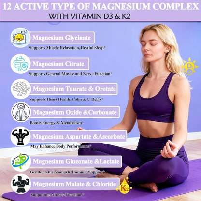 Magnesium 12 in 1 Complex 1000mg Supplement for Women & Men, High Absorption Liquid Magnesium W/Glycinate Citrate Malate Taurate Oxide Aspartate Orotate, Calm Magnesium for Sleep Muscle Heart Support - Maple Wellness Supplements