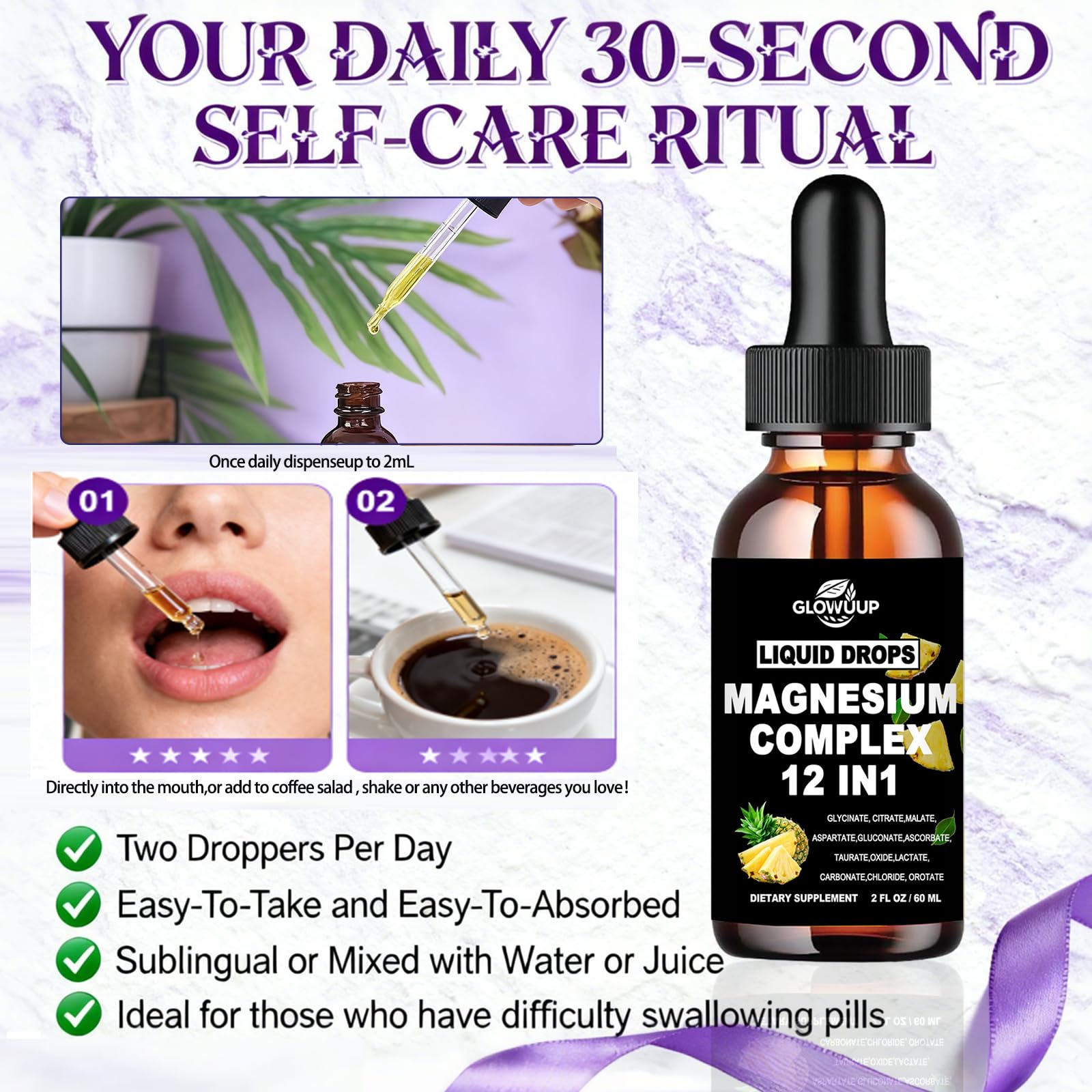 Magnesium 12 in 1 Complex 1000mg Supplement for Women & Men, High Absorption Liquid Magnesium W/Glycinate Citrate Malate Taurate Oxide Aspartate Orotate, Calm Magnesium for Sleep Muscle Heart Support - Maple Wellness Supplements